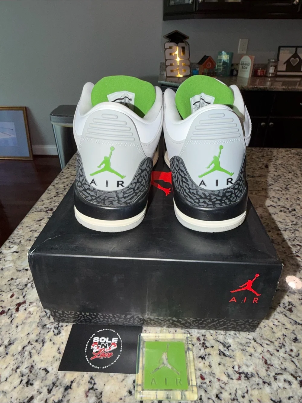 Jordan Retro 3 Sneakers in Light Gray, Black & Green Accents